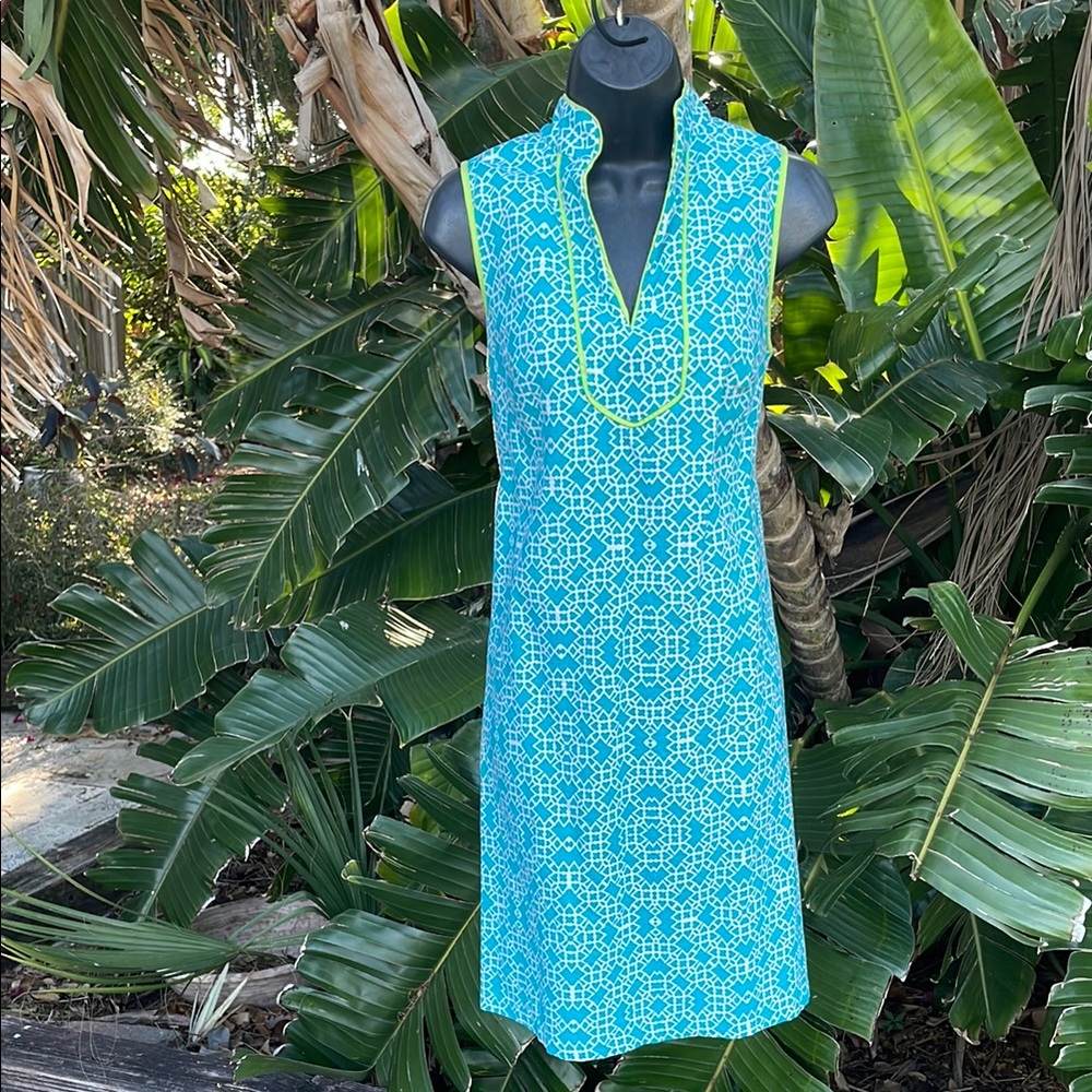teal geo print sheath dress